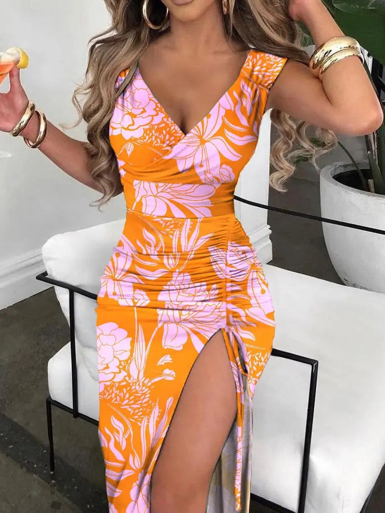 Patchwork Sexy Dress Women Summer Printed Sleeveless Ladies High Split Dress 2022 Hollow Out Elegant Holiday Streetwear Vestidos - Executive-Skincare