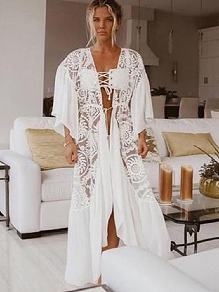 2022 Crochet White Knitted Beach Cover up dress Tunic Long Pareos Bikinis Cover ups Swim Cover up Robe Plage Beachwear - Executive-Skincare