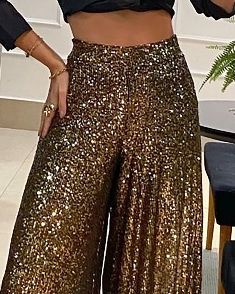 Fashion Women Casual 	Night Out Party Leggings Glamorous Elegant Sexy Bling Bling Trousers High Waist Sequin Flared Pants - Executive Quality Store