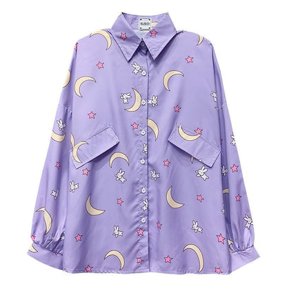 Deeptown Korean Style Women Shirts Kawaii Fashion JK Blouse Women Long Sleeve Cute Moon Print Button Up Shirt Oversized Tops - Executive-Skincare