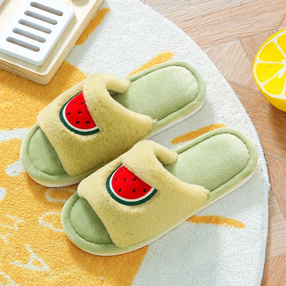 Winter Fur House Women Slippers Cute Cartoon Fruit Avocado Strawberry Bedroom Couples Shoes Warm Plush Ladies Furry Slides - Executive-Skincare