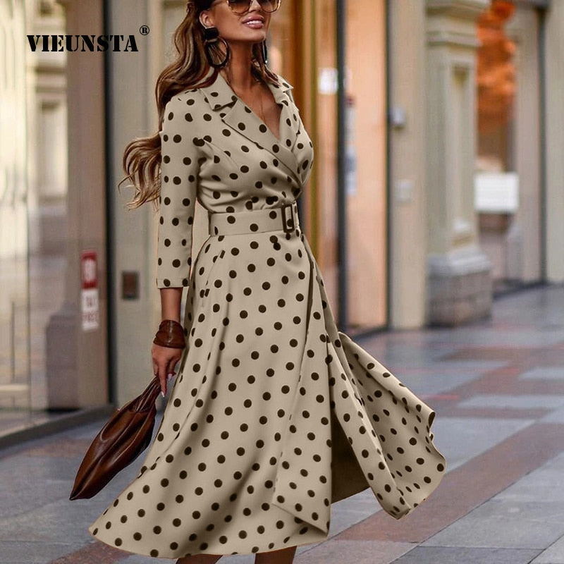 2022 Y2K Spring Autumn Women&#39;s Elegant Dress Fashion V-Neck Polka Dot Print Three-Quarter Sleeve Lace-Up Slit Midi Dress Vestido - Executive-Skincare