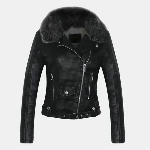 2023 Hot Fashion Women Winter Warm Faux Leather Jackets with Fur Collar Belt Lady Black Pink Motorcycle Biker Outerwear Coats - Executive-Skincare