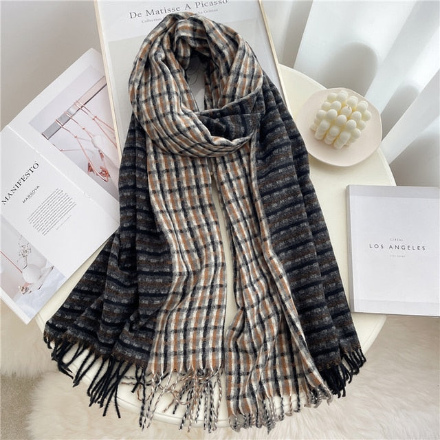 Luxury Plaid Scarf Winter Warm Cashmere Women Long Pashmina Foulard Female Scarves Lady Tassel Shawl Wraps 2022 Design New - Executive-Skincare