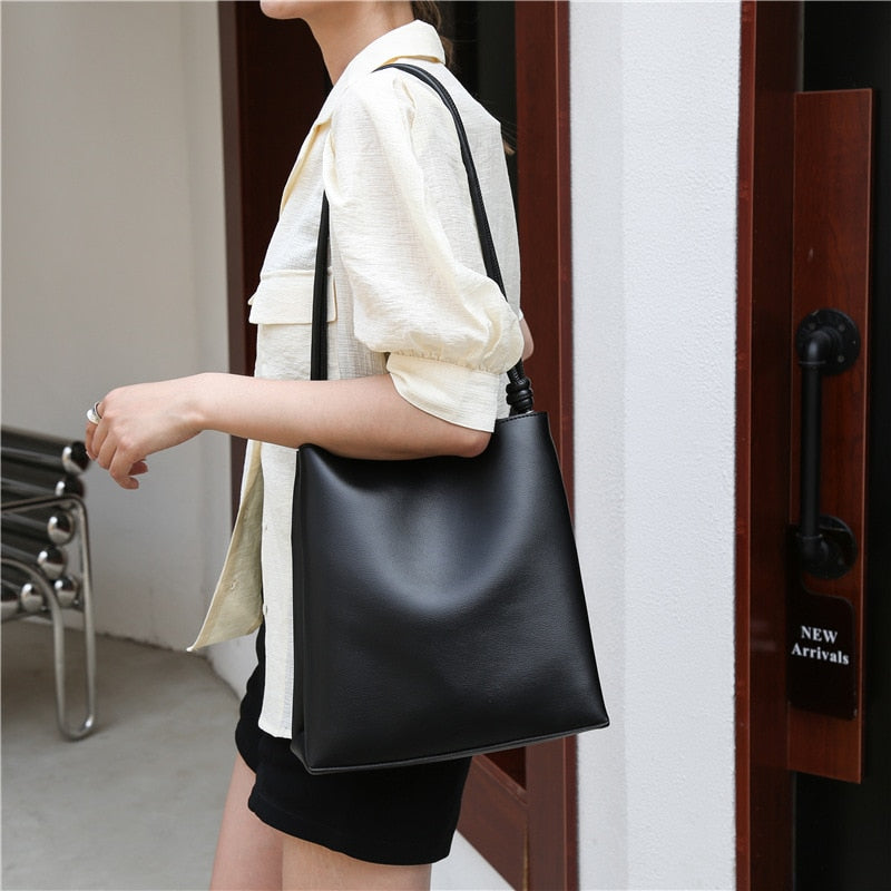 Large Capacity Bucket Bag Fashion Solid Color Ladies Shopping Bag PU Leather Shoulder Bags Purses and Handbags Bags for Women - Executive-Skincare