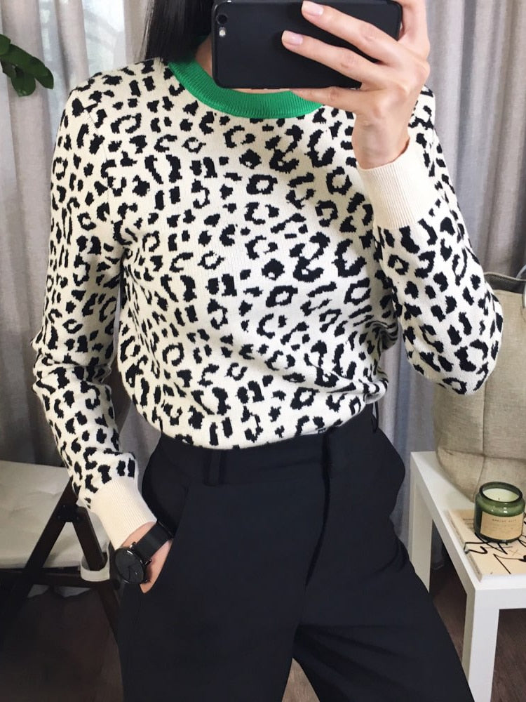 Autumn Winter Women Sweaters Leopard Knitted Pullovers Long Sleeve Contrast Color Crewneck Jumpers Sweter Mujer C- 026 - Executive-Skincare