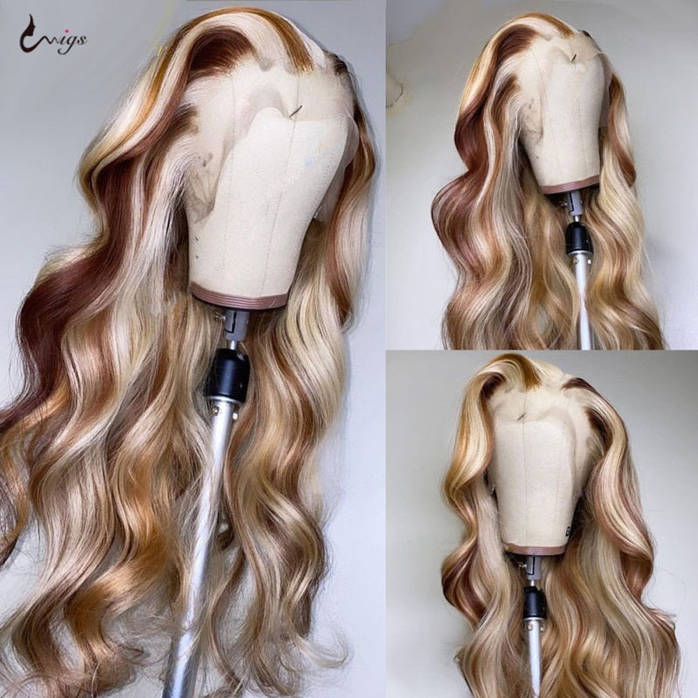 Blonde Lace Front Wig Human Hair Wigs for Women Blonde Balayage Highlight Colored Human Hair Wigs Ombre Body Wave Lace Front Wig - Executive-Skincare