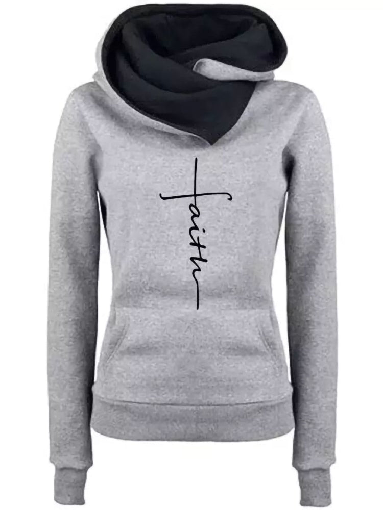 Autumn Winter Hoodies Sweatshirts Women Faith Embroidered Sweatshirt Long Sleeve Pullovers Christmas Casual Warm Hooded Tops - Executive-Skincare