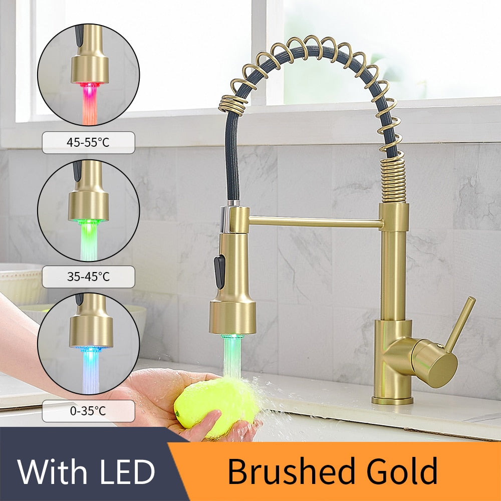 Kitchen Faucets Brush Brass Faucets for Kitchen Sink  Single Lever Pull Out Spring Spout Mixers Tap Hot Cold Water Crane 9009 - Executive-Skincare