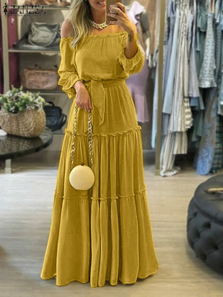 ZANZEA Fashion Off Shoulder Vestidos Female Lace Up Belted Dresses Beach Holiday Ruffle Robe Womens Bohemian Long Maxi Dress - Executive-Skincare