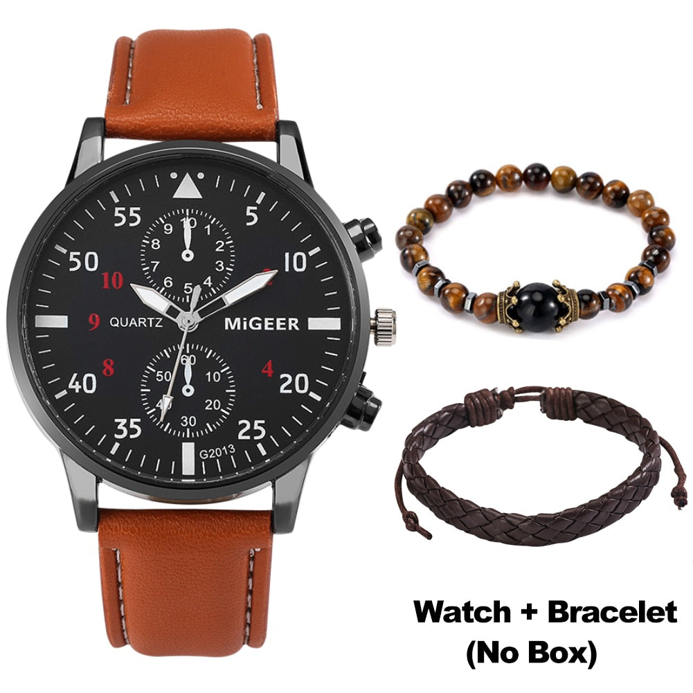 New Male Watch Luxury Bracelet Set Fashion Business Brown Leather Quartz Wrist Watches for Men Gift Set Relogio Masculino - Executive-Skincare