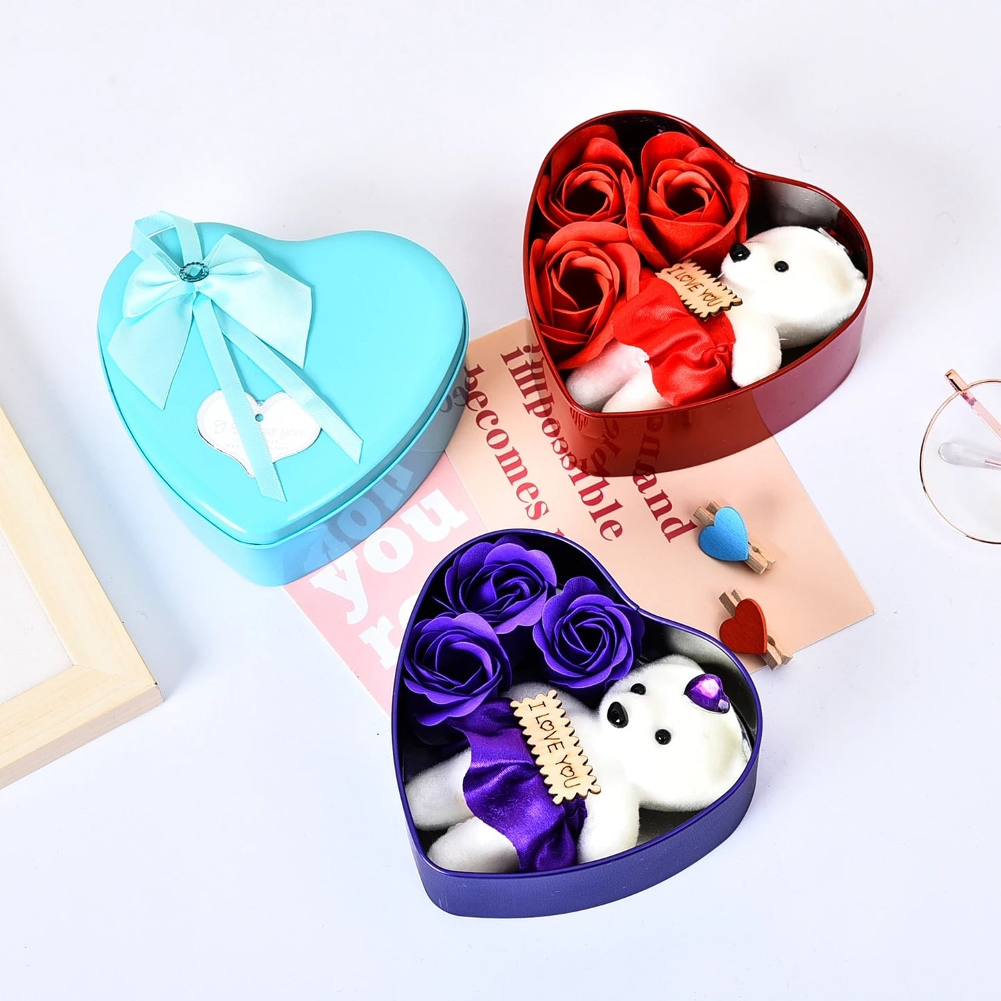 1pcs Heart-Shaped Artificial Rose Flowers Bear Gift Box Valentine Romantic Wedding Party For Girlfriend Wife Romantic Present - Executive-Skincare