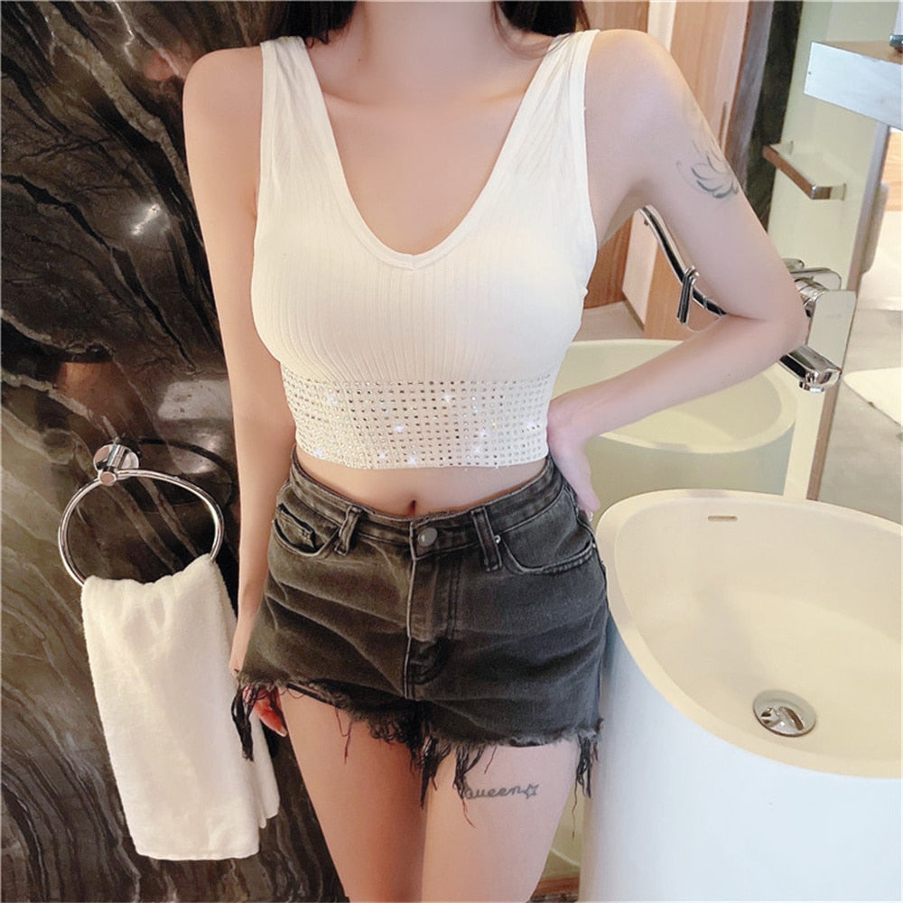 Summer Crop Top Women With Rhinestones O-neck Sleevelss Cropped Feminino Camisole Vest Sexy Knit Backness No Rims Tee Top Corset - Executive-Skincare