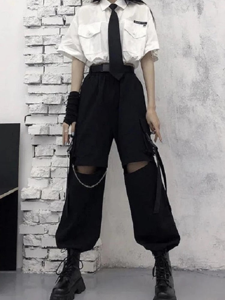 HOUZHOU Gothic Streetwear Women&#39;s Cargo Pants with Chain Punk Techwear Black Oversize Korean Fashion Wide Leg Trousers 2021 Alt - Executive Quality Store