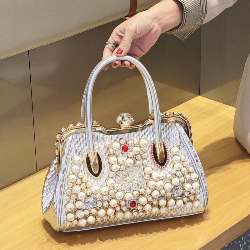 Luxury Fashion Brand Pearl Women&#39;s Handbag 2022 New Leather Diamond Shoudler Crossbody Evening Bag Portable Rhinestone Lock Bags - Executive-Skincare