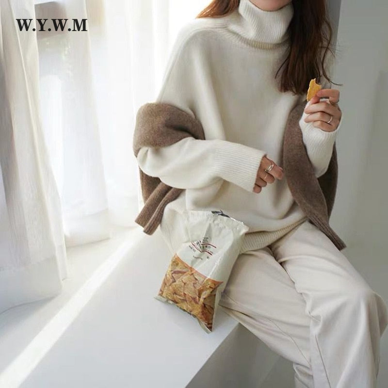 WYWM Turtle Neck Cashmere Sweater Women Korean Style Loose Warm Knitted Pullover 2021 Winter Outwear Lazy Oaf Female Jumpers - Executive-Skincare