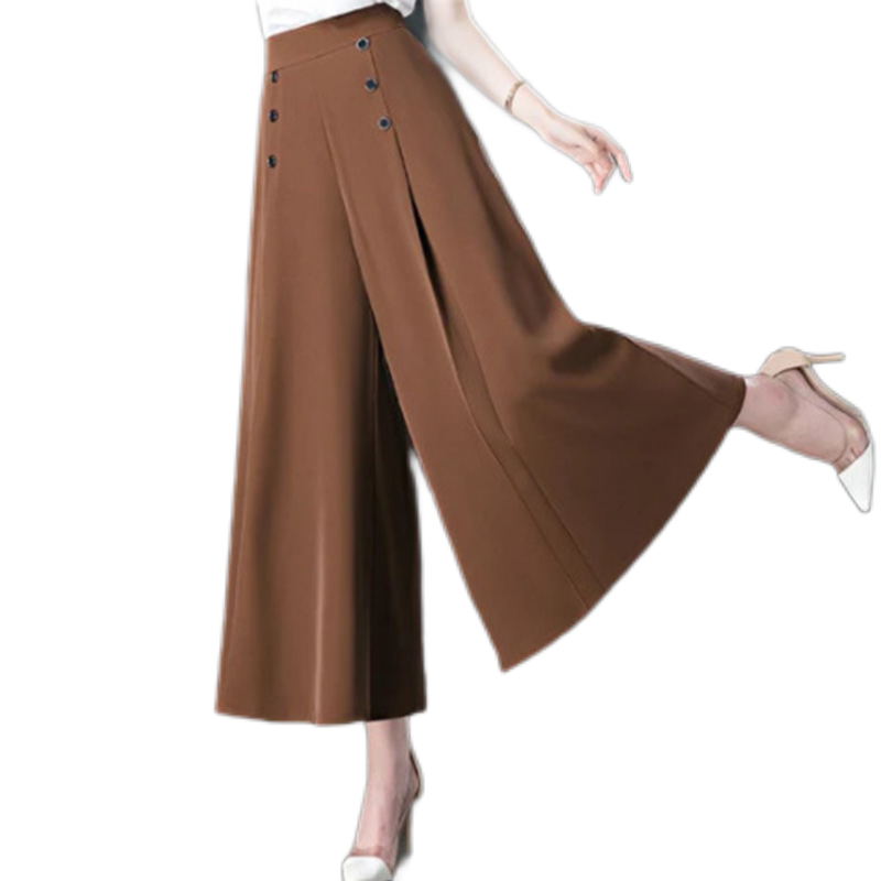 All-match Drape Button Solid Color Bigfoot Nine Point Jilt Trousers Female Summer Casual Pockets Loose Wide-legged Pants Skirt - Executive Quality Store