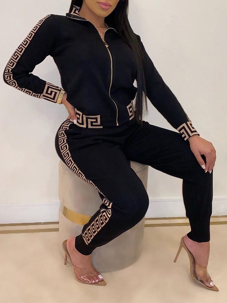 2022 Tracksuits Women Elegant Two-Pieces Suit Sets Female Stylish Plus Size Greek Fret Print Coat & Pant Zip Sets Joggers Women - Executive-Skincare