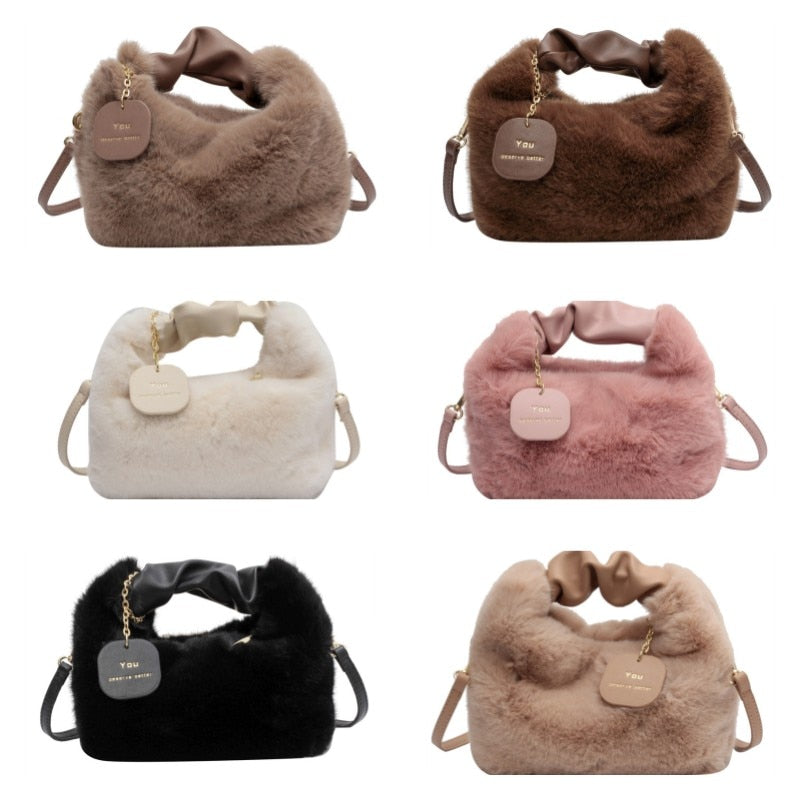 Women Faux Fur Handbags Zipper Small Lady Shoulder Crossbody Bag Casual Tote Half-Moon Hobos Winder - Executive-Skincare