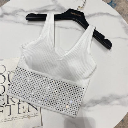 Summer Crop Top Women With Rhinestones O-neck Sleevelss Cropped Feminino Camisole Vest Sexy Knit Backness No Rims Tee Top Corset - Executive-Skincare