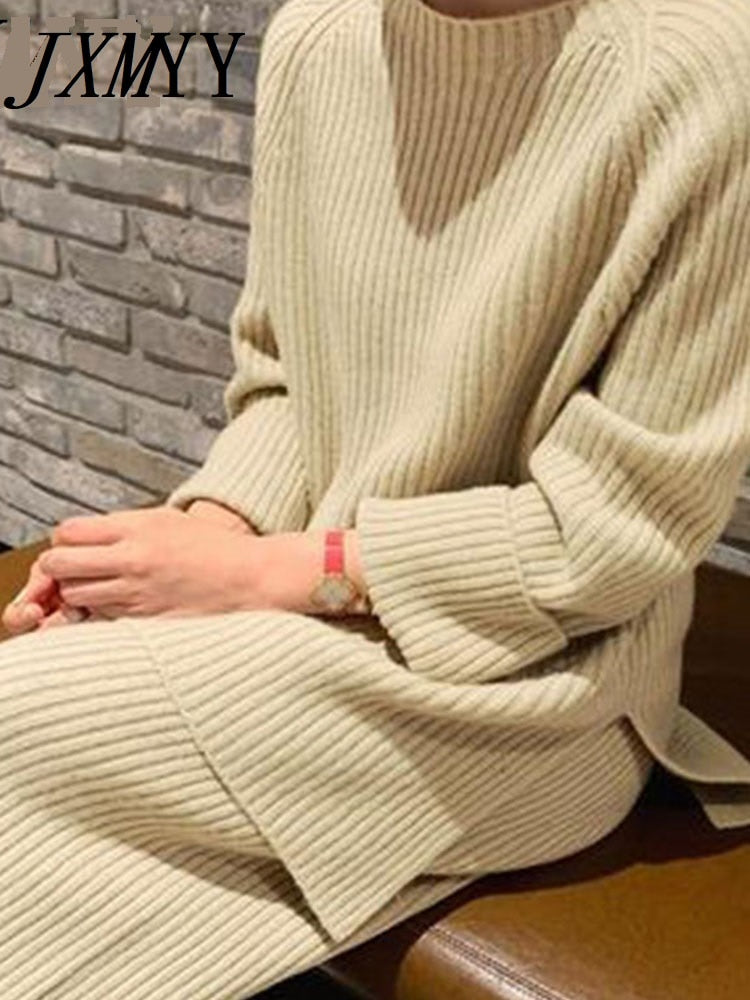 JXMYY 2022 New Fashion Winter Women&#39;s Thicken Warm Knitted Pullover Sweater Two-Piece Suits +High Waist Loose Wide Leg Pants Set - Executive-Skincare