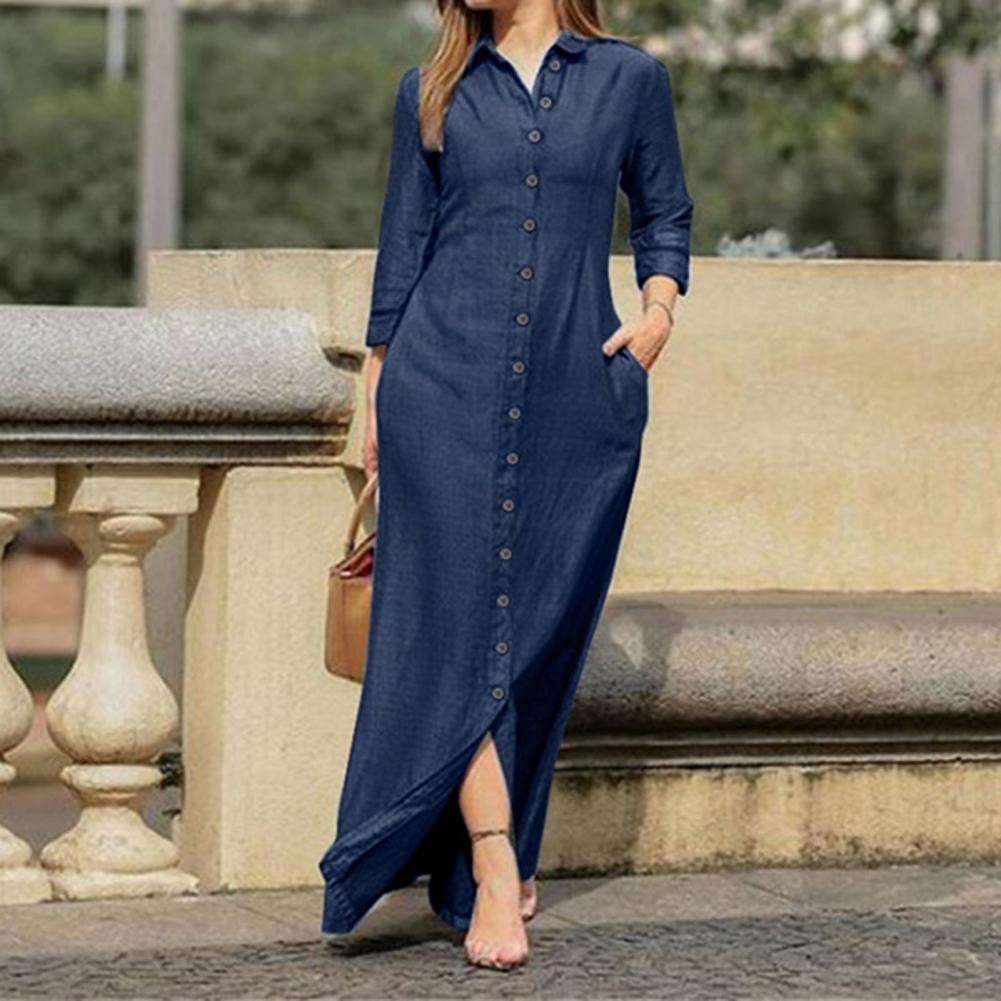 Shirt Dresses Turn-Down Collar 3/4 Sleeve Women Dress Two Pockets Single Breasted Denim Maxi Dress Party Vestidos Robe - Executive-Skincare