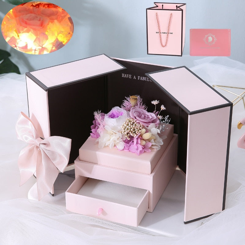 Luminous Preserved Flower Box Light Up Rose Bear Gift Box Artificial Flower Valentines Day Birthday Anniversary Girlfriend Gift - Executive-Skincare