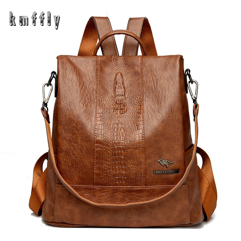 High Quality Soft Leather Ladies Backpack Fashion Crocodile Pattern Women&#39;s School Bag Solid Color Retro Casual Travel Backpacks - Executive-Skincare