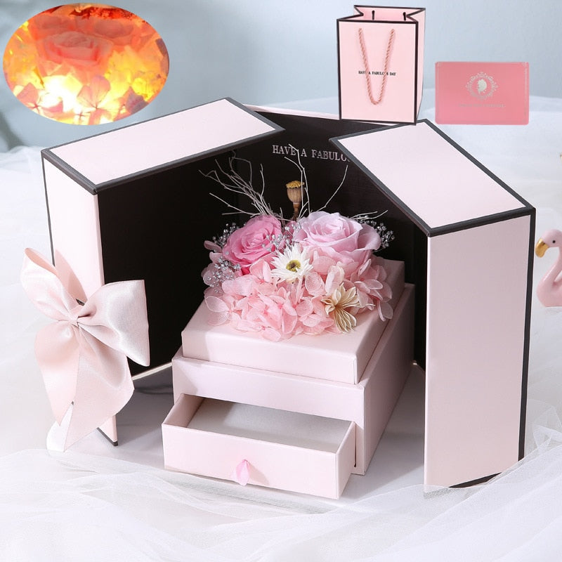 Luminous Preserved Flower Box Light Up Rose Bear Gift Box Artificial Flower Valentines Day Birthday Anniversary Girlfriend Gift - Executive-Skincare