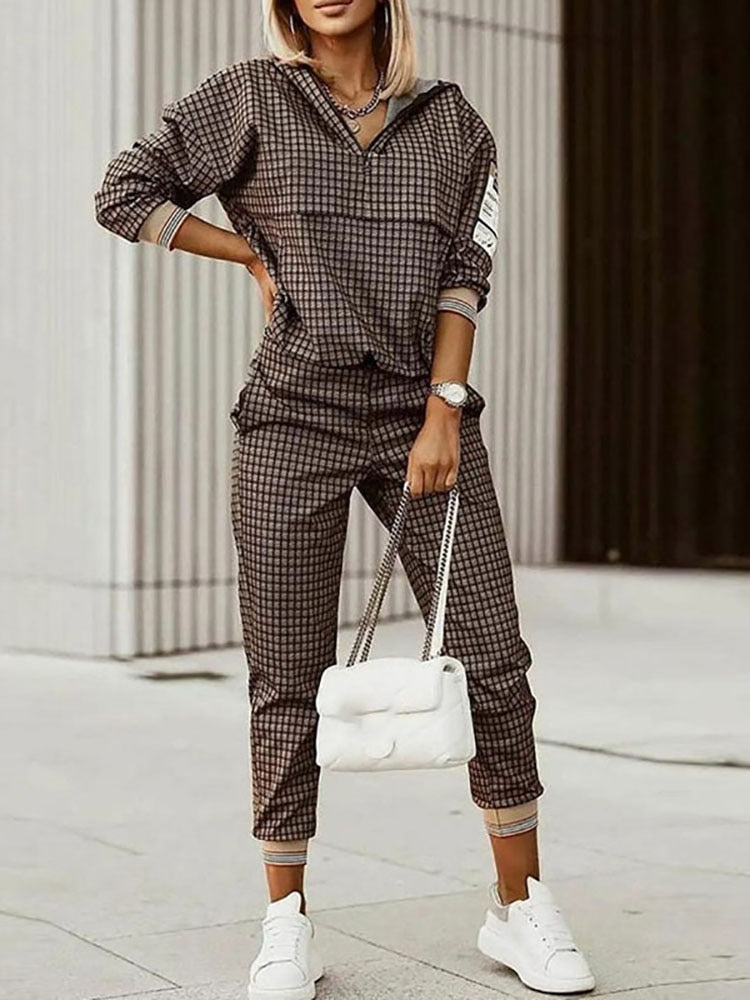 Hooded Long Sleeve Spring Autumn Pants Suit Women Print Tops Loose Pants Two Piece Set Vintage Patchwork Pockets Office Lady Set - Executive-Skincare