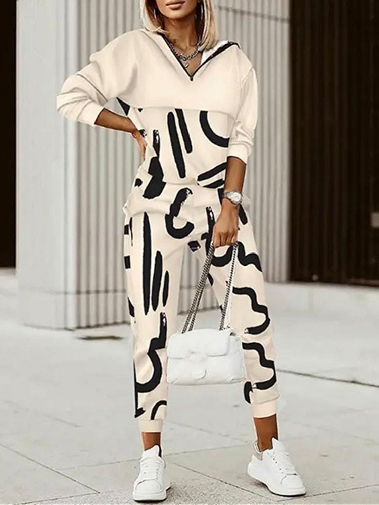 Hooded Long Sleeve Spring Autumn Pants Suit Women Print Tops Loose Pants Two Piece Set Vintage Patchwork Pockets Office Lady Set - Executive-Skincare