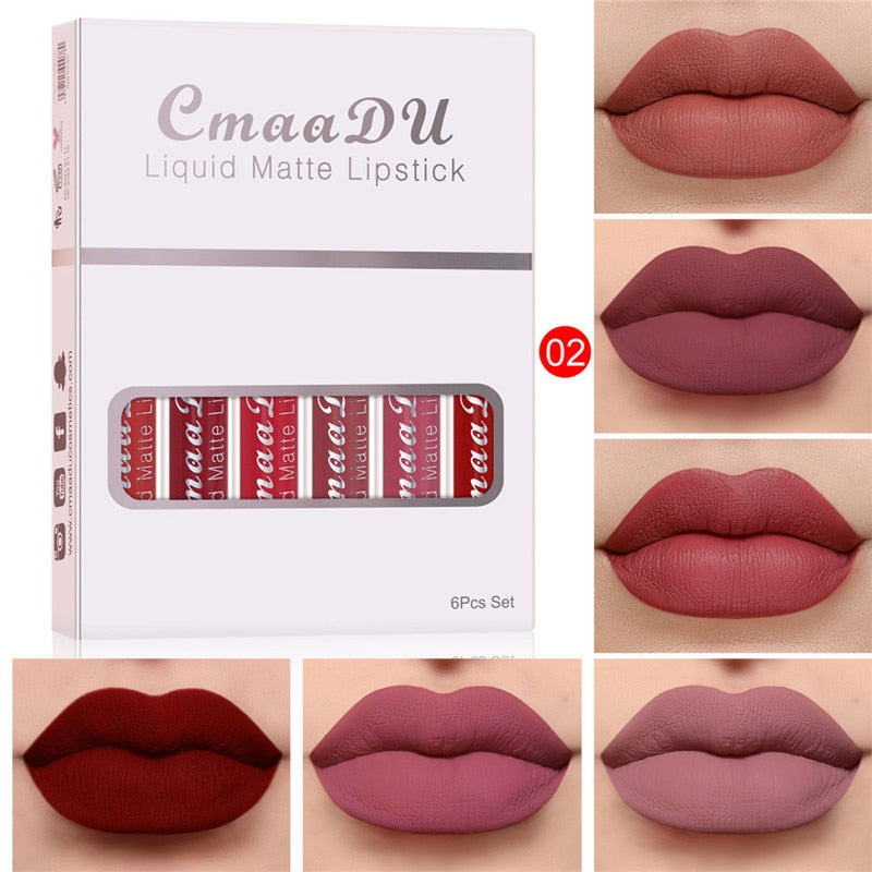 6 Colors/Set Fashion Matte Lip Gloss Sets Natural Moisturize Waterproof Lasting Velvet Sexy Red Liquid Lipstick Beauty Cosmetic - Executive-Skincare