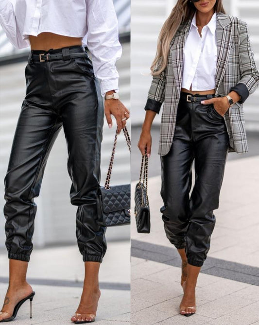 Pu Leather High Waist Cuffed Long Pants Casual Casual New Fashion Bottoms for Women 2022 New Female Clothes Trousers outfits - Executive-Skincare