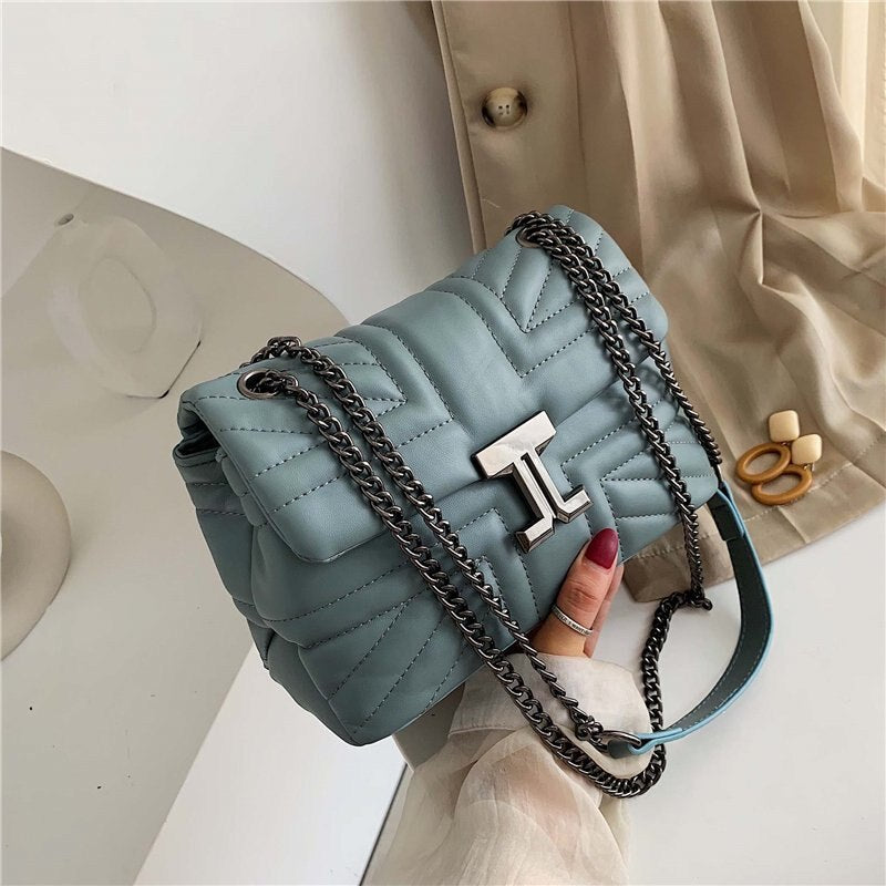 Trendy Chain Sling Crossbody Bags for Women PU Leather Shoulder Messenger Bag Ladies Brand Design Solid Color Female Travel Bag - Executive-Skincare