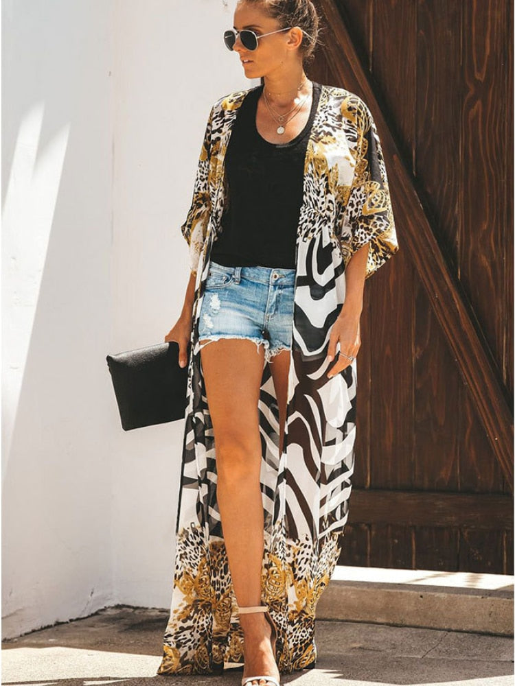 Bikini Cover Up Chiffon Beach Kimono Women Leopard Printed Long Cape for Swimsuit Tunic Summer Beach Wear Factory Supply - Executive-Skincare