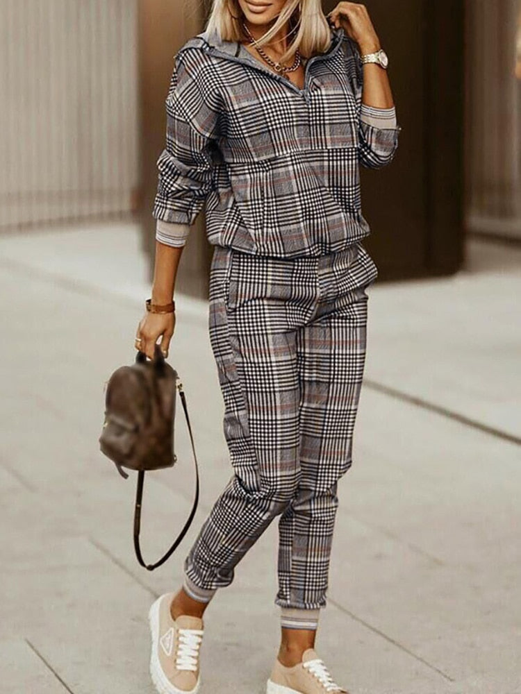 Hooded Long Sleeve Spring Autumn Pants Suit Women Print Tops Loose Pants Two Piece Set Vintage Patchwork Pockets Office Lady Set - Executive-Skincare