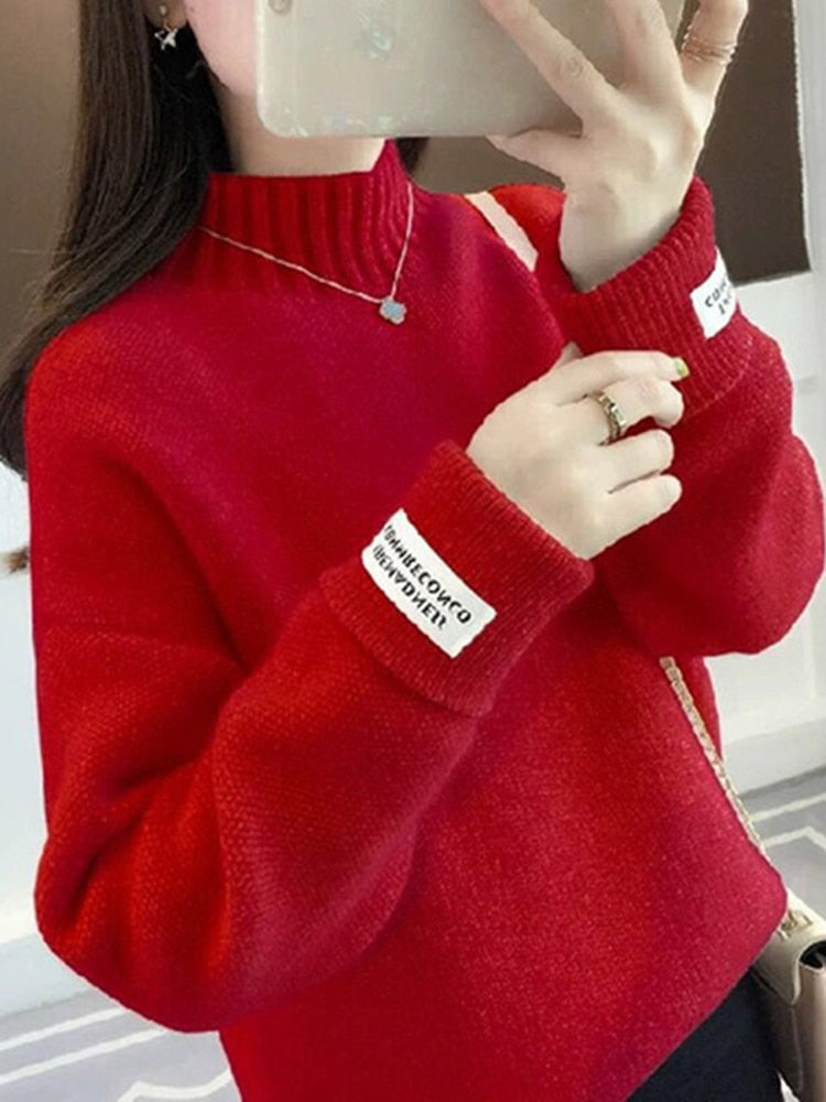 ZOKI Women Half Turtleneck Sweater Autumn Loose Wool Pullover Knitted Jumper Long Sleeve Letter Top Casual Warm Ladies Blouse - Executive-Skincare