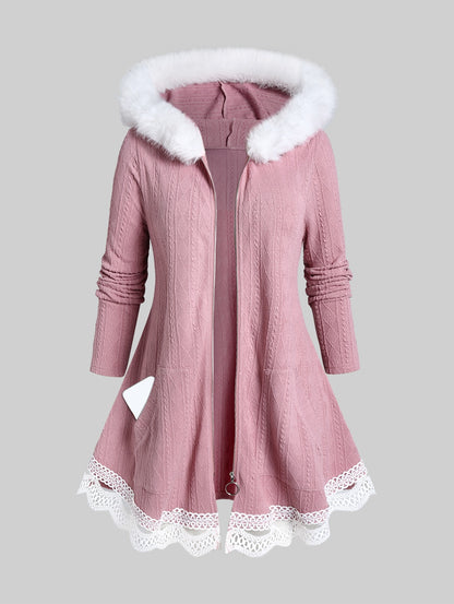 ROSEGAL Plus Size Cable Knit Cardigans Zipper Outwears Women Coats Faux Fur Panel Trim Hooded Jumper Sweaters With Pockets 4XL - Executive-Skincare