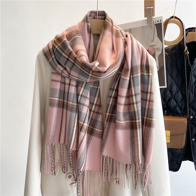 Luxury Brand Winter Plaid Women&#39;s Cashmere Scarf Warm Shawls and Wraps Thicked Wool Pashmina Female Blanket Scarves - Executive-Skincare