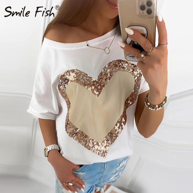 Sequined Heart Printed T-shirts Women Casual Bling Loose Short Sleeve Tee Top Chic  Flash Neck Summer Blusa Streetwear G1765 - Executive-Skincare