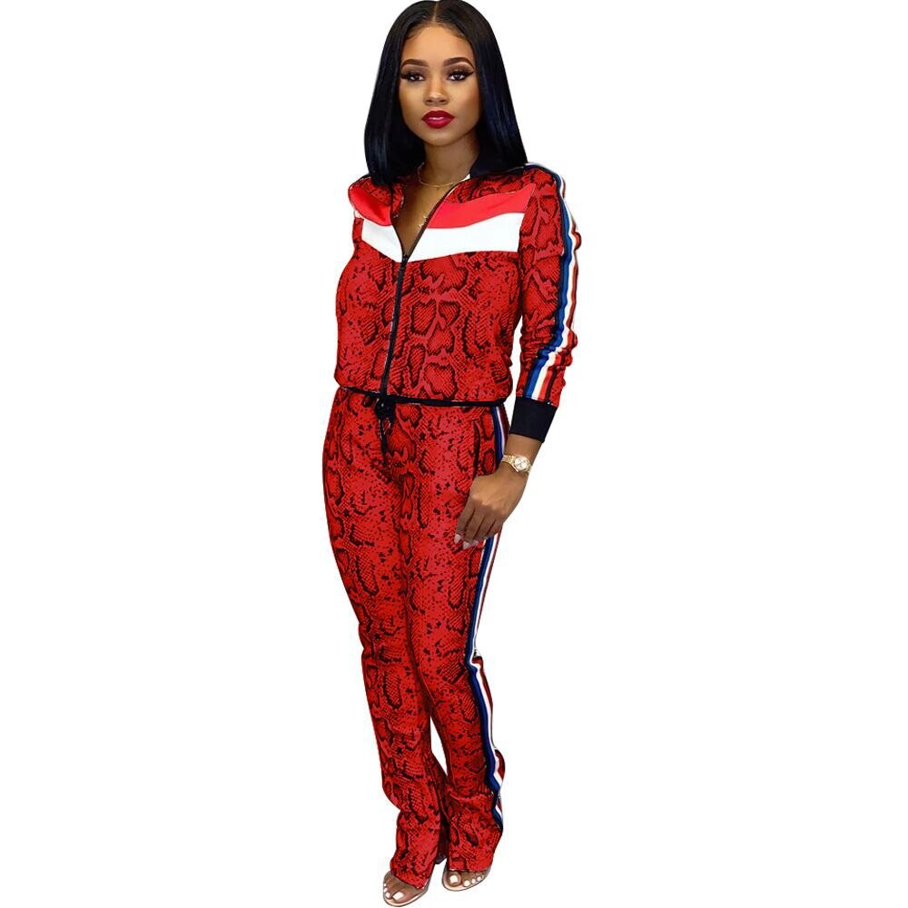 PinePear Fall 2022 Casaul Snake Print Tracksuit Women 2 Piece Set Top and Pants Striped Patchwork Zipper Sweat Suit Dropshipping - Executive Quality Store