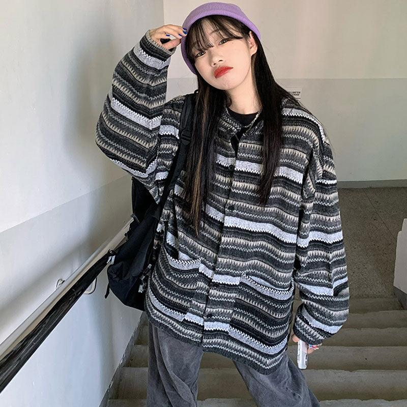 Unisex Women Striped Knit Sweater Spring Autumn Retro Hip Hop Pullovers Tops Female Oversize Ulzzang BF Couples Japanese - Executive-Skincare