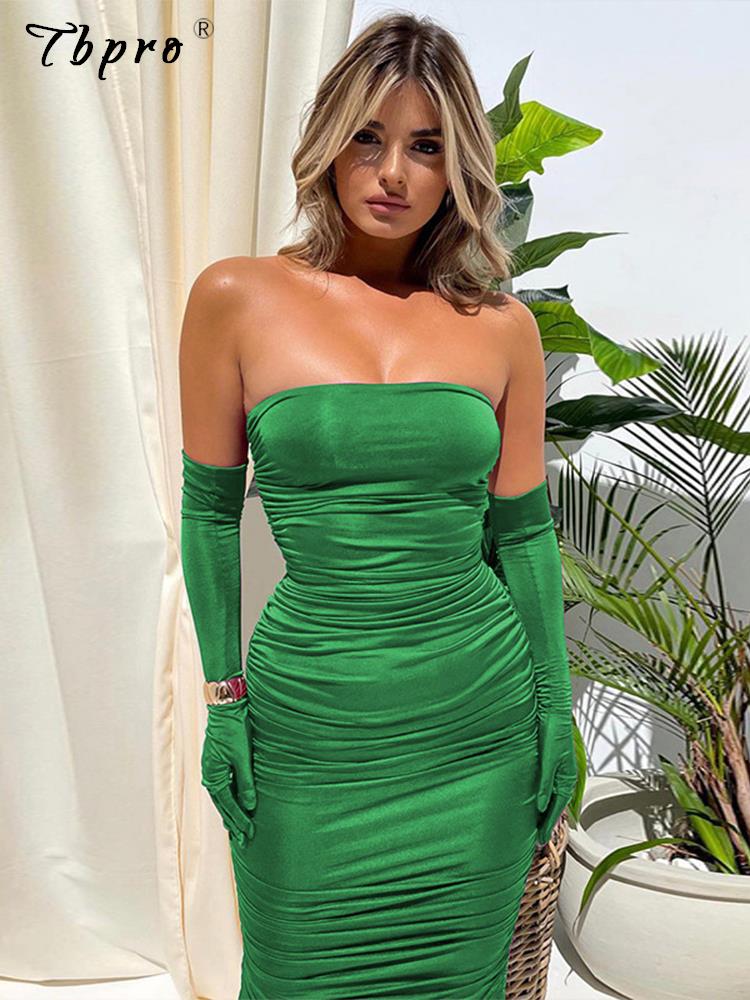 Female Strapless Backless Tight Dress Woman Sexy Fold Off Shoulder Fashion Dresses Lady Club Bar Banquet Summer Gloves Outfit - Executive-Skincare