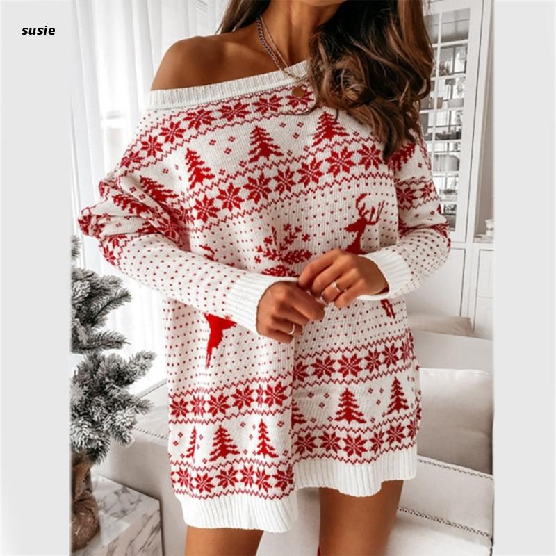 X7YA Women Christmas Snowflake Reindeer Jacquard Sweater Dress Knitted Pullover Top - Executive-Skincare