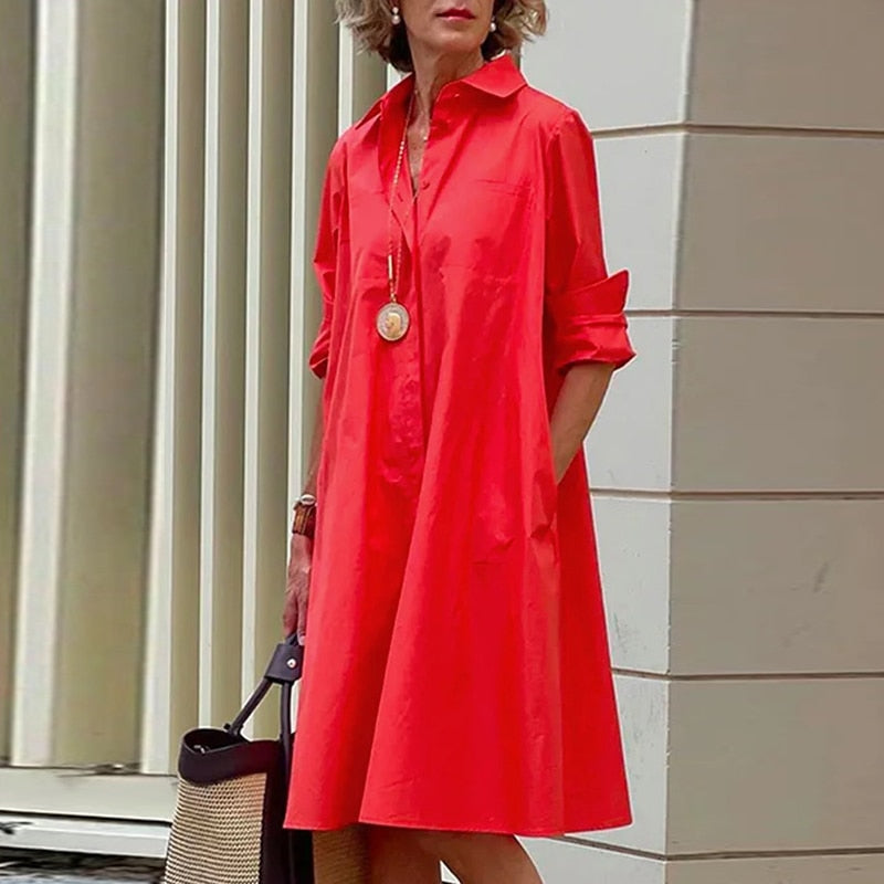 Autumn New Simple Shirt Dress Casual Solid Color Long Sleeves Fashion Turn-down Collar Elegant Pocket Streetwear Female Dresses - Executive-Skincare