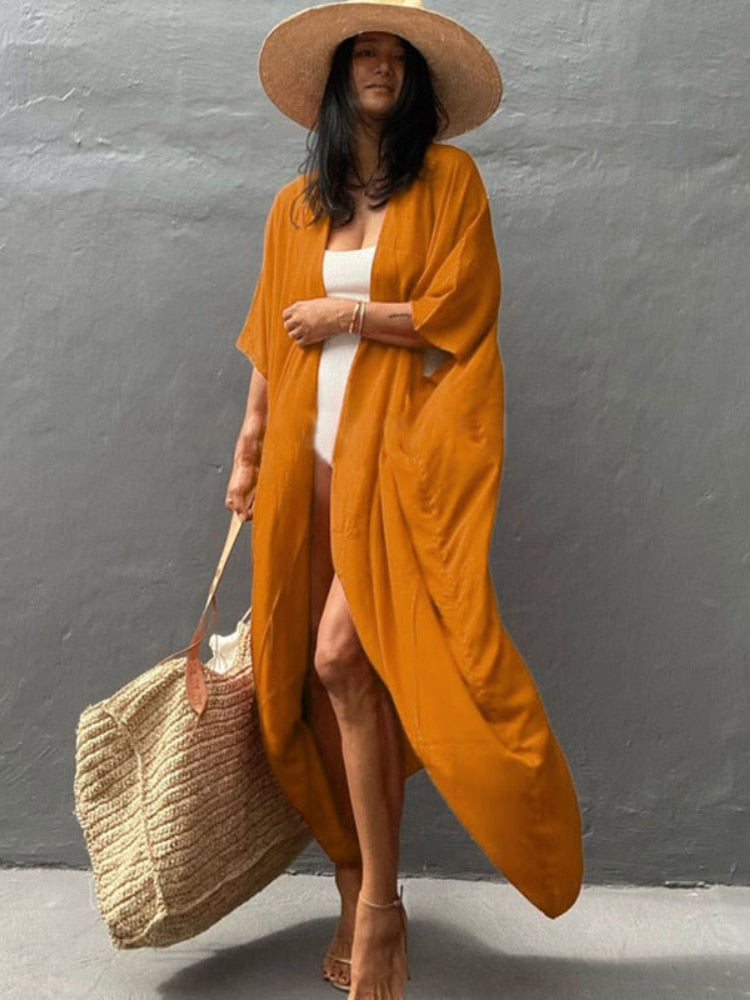 Beach Cover Up Kimono Women Summer 2022 New Pareo Swimsuit Cape Solid Bohemian Tunic Dresses Bathing Suits Dropshipping - Executive-Skincare