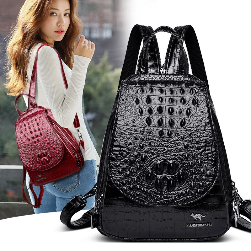 Luxury Crocodile Pattern Backpacks For Ladies Leather Backpack Women Shoulder Bag Large Capacity School Bags For Teenage Girl - Executive-Skincare