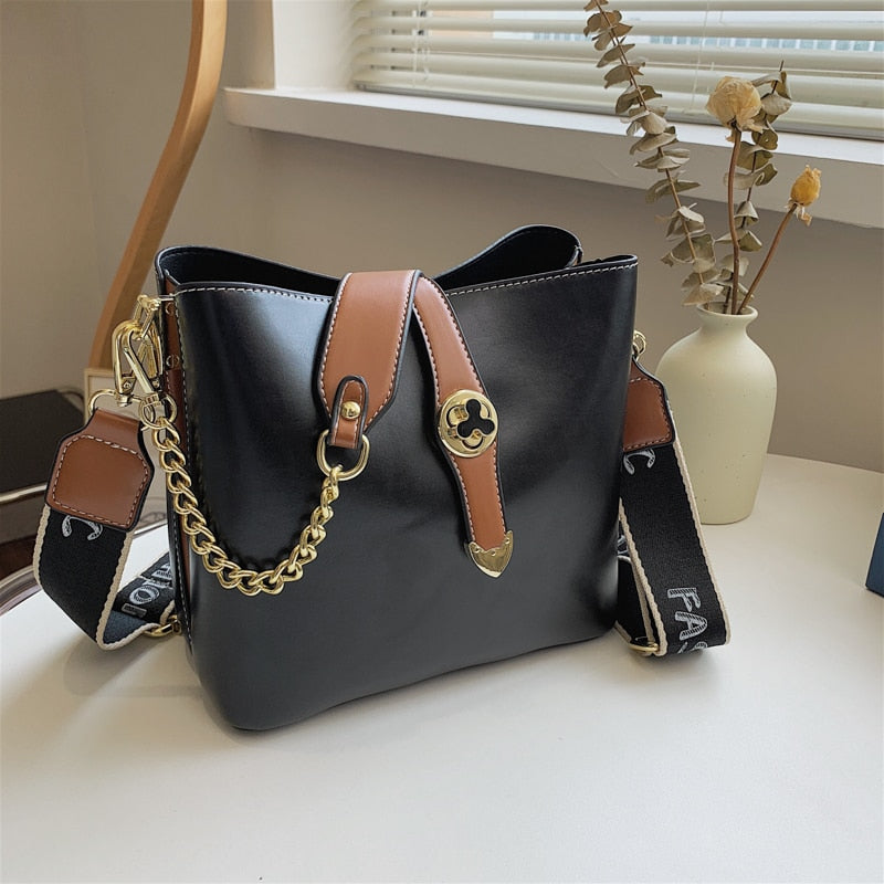 Small Women Bucket Shoulder Bags Contrast Color Leather Ladies Messenger Bag Broadband Crossbody Bags Casual Designer Handbags - Executive-Skincare