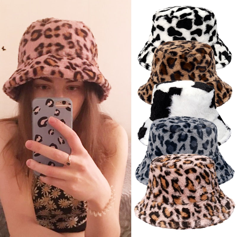 Winter Cow Leopard Faux Fur Fluffy Bucket Hats Women Outdoor Warm Sun Hat Soft Velvet Furry Fisherman Cap Girl Fashion Panama - Executive-Skincare