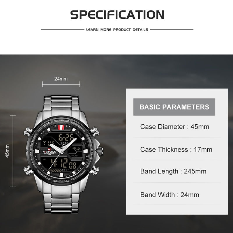 NAVIFORCE Watches for Men Luxury Brand Digital Chronograph Sport Quartz Wristwatch Waterproof Military Steel Band Luminous Clock - Executive-Skincare